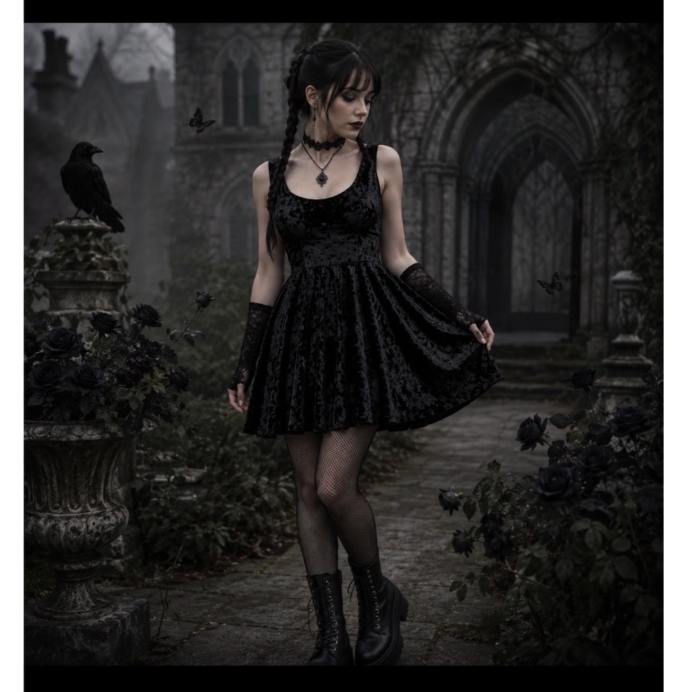Black‎ Crushed Velvet Skater Dress Dark Romantic Grunge Small Whimsigoth Witchy